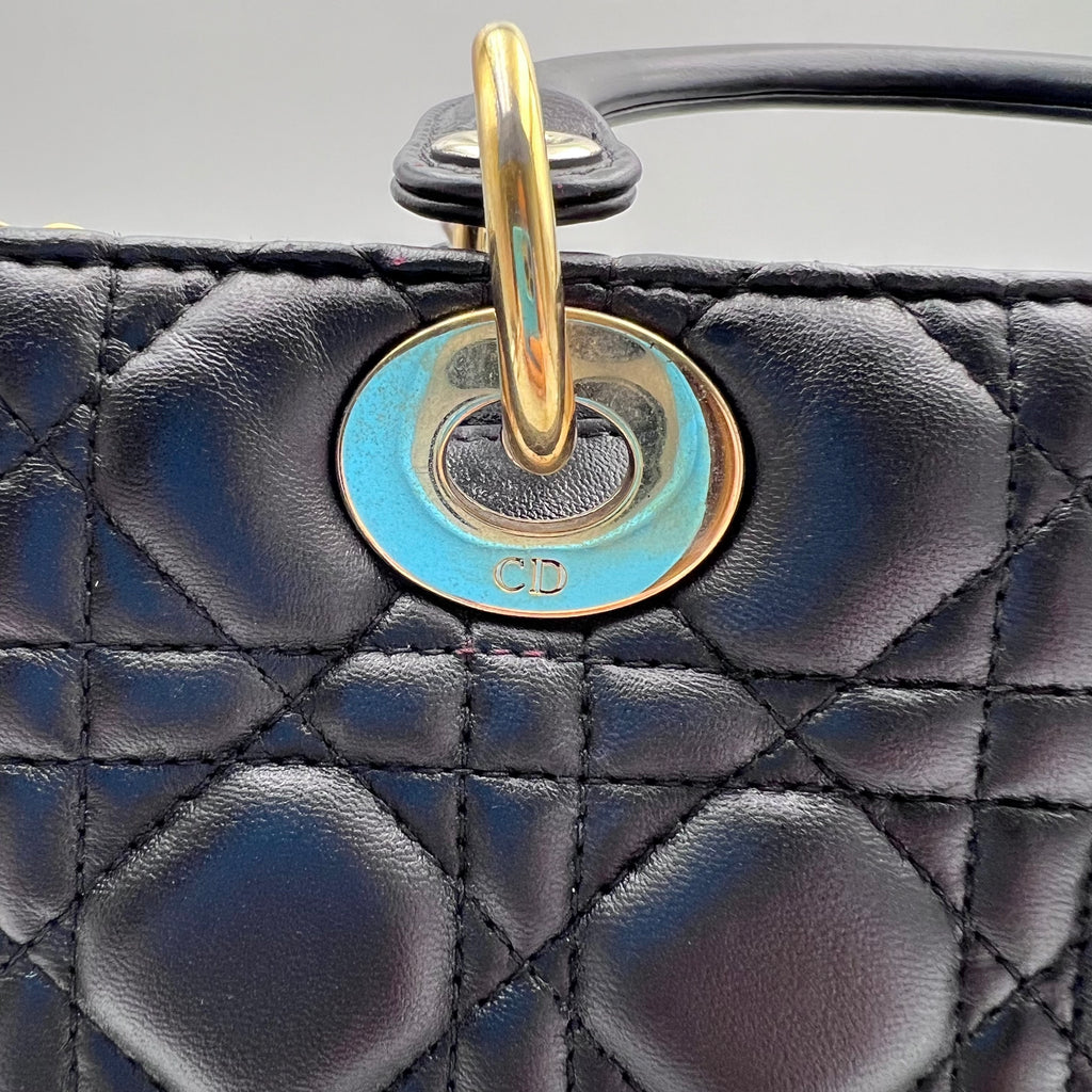 Dior Black & Gold Lamb Skin Medium Lady Dior Bag.