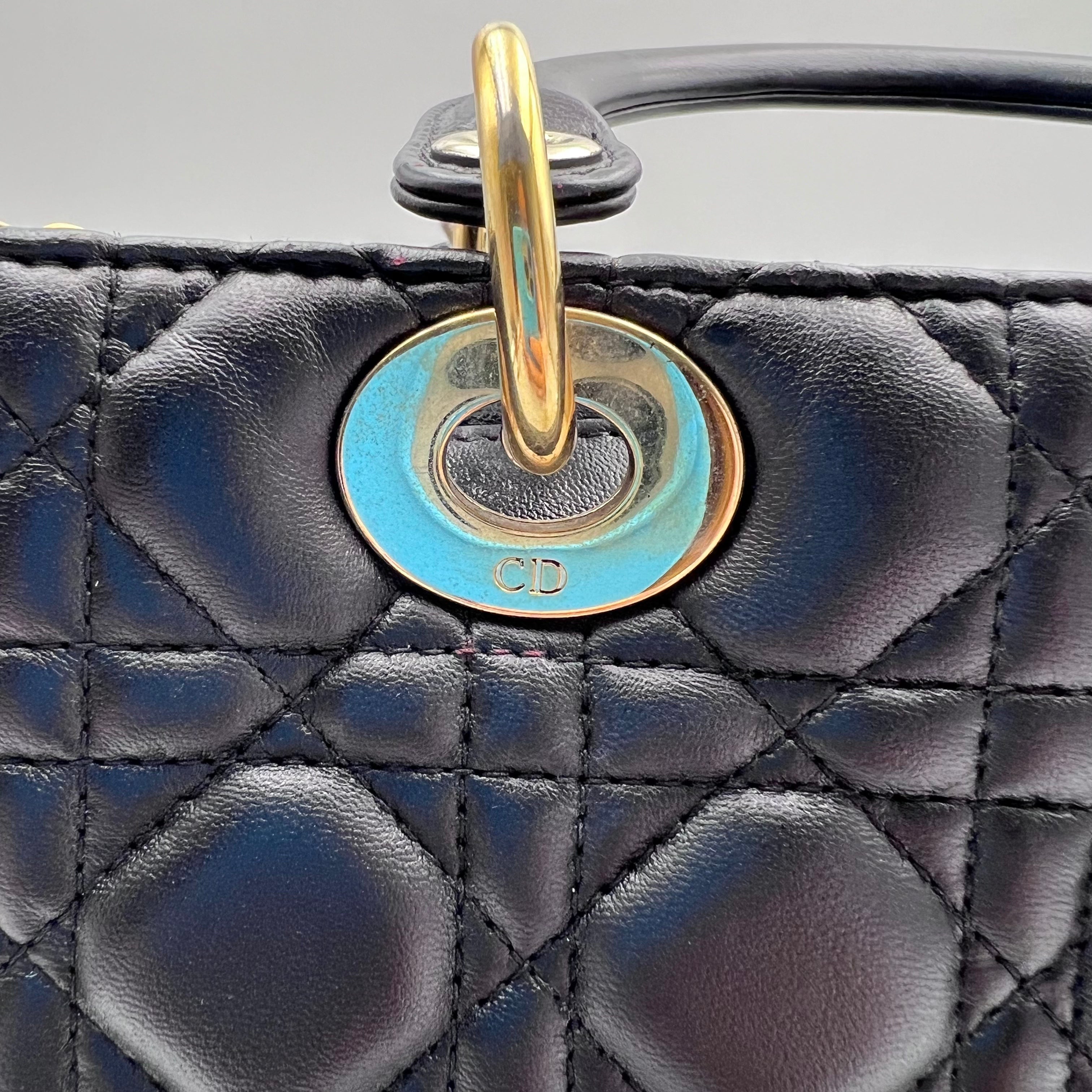 Dior Black & Gold Lamb Skin Medium Lady Dior Bag.