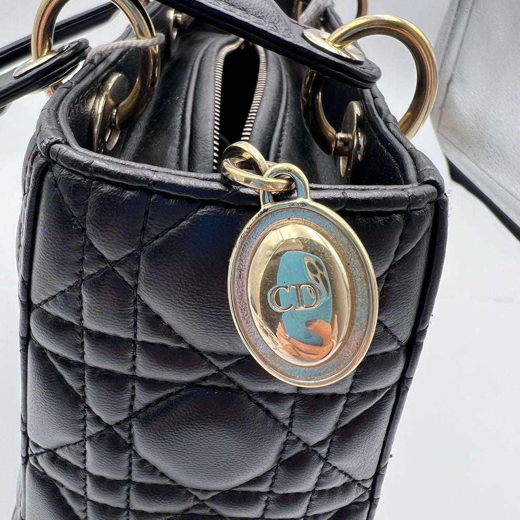 Dior Black & Gold Lamb Skin Medium Lady Dior Bag.