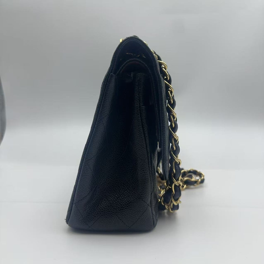 Chanel Black Gold Caviar Leather Double Flap CF Jumbo Chain Bag