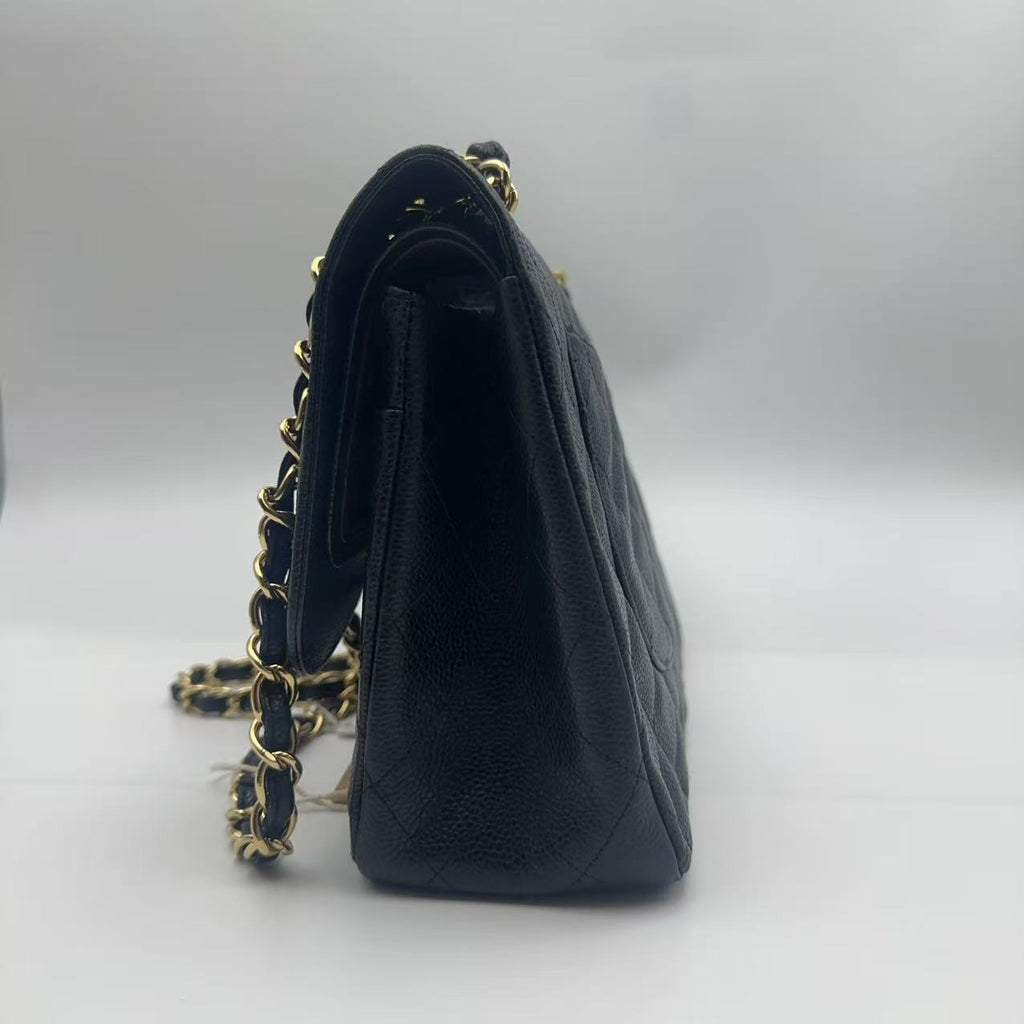Chanel Black Gold Caviar Leather Double Flap CF Jumbo Chain Bag