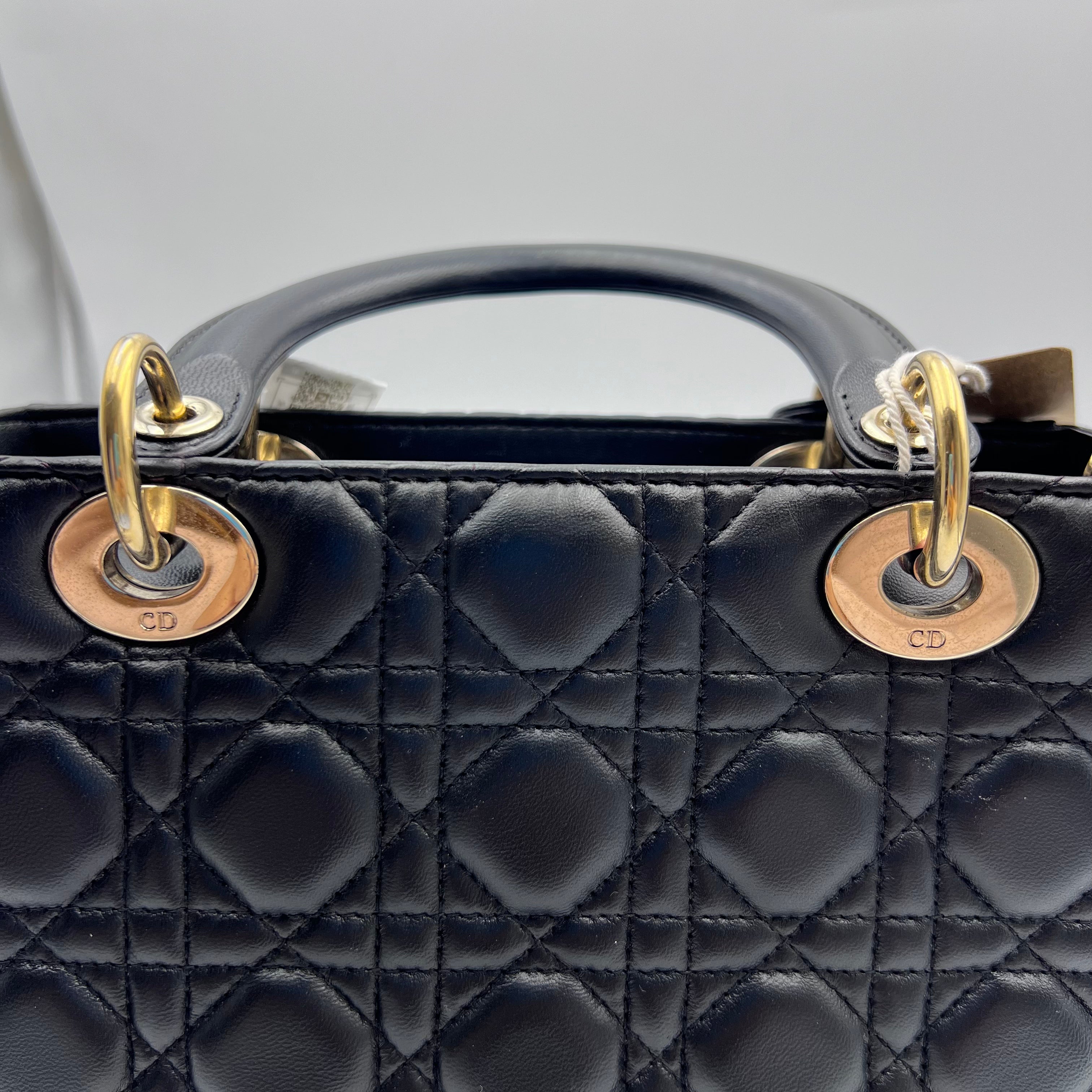 Dior Black & Gold Lamb Skin Medium Lady Dior Bag.