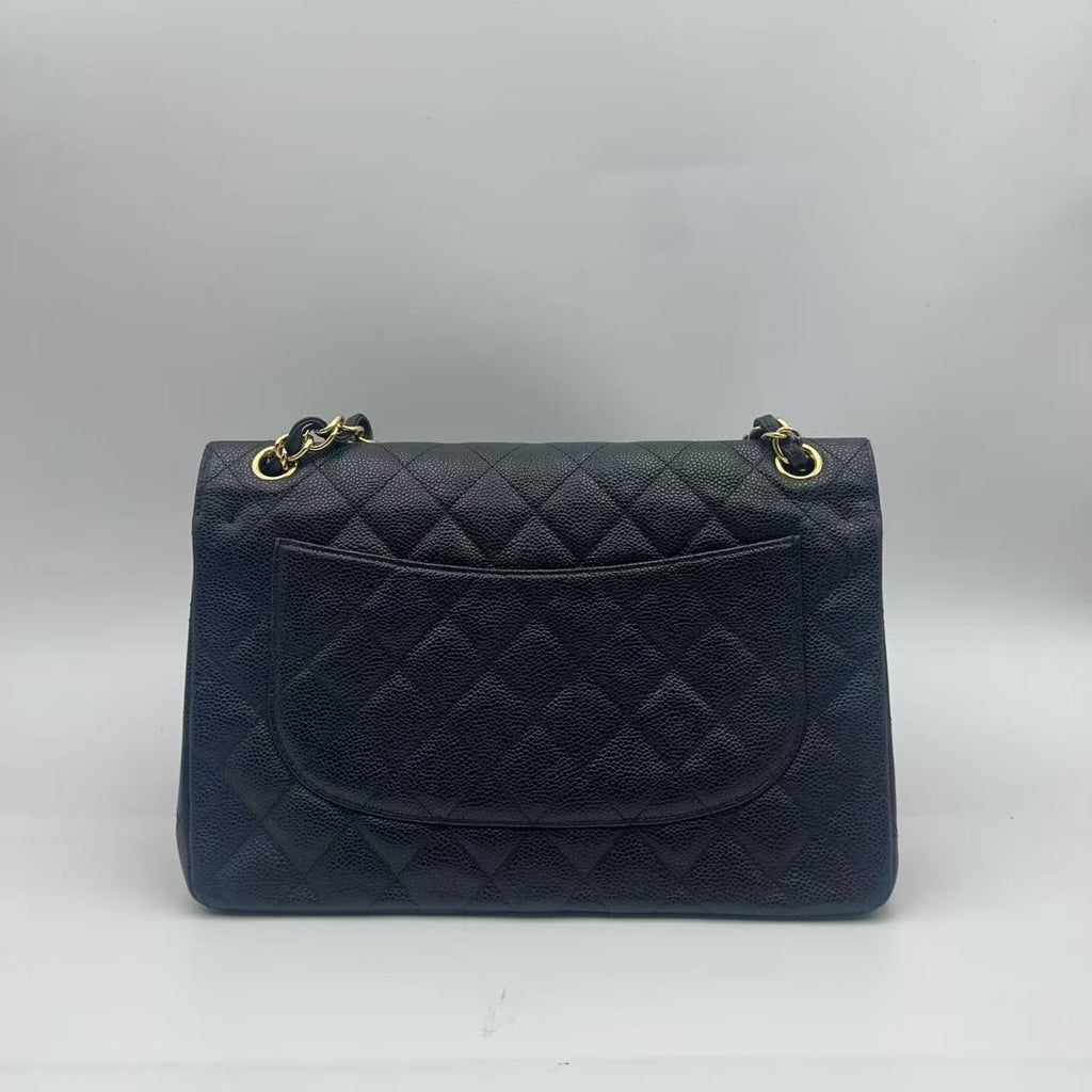 Chanel Black Gold Caviar Leather Double Flap CF Jumbo Chain Bag