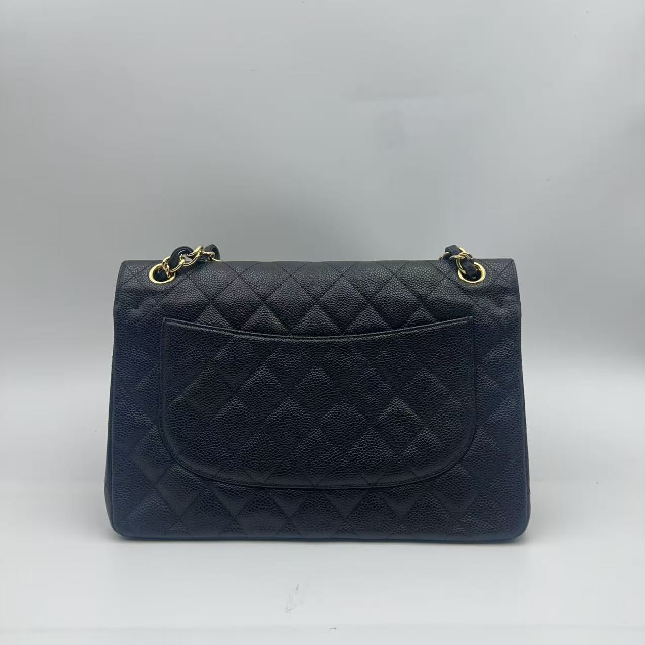 Chanel Black Gold Caviar Leather Double Flap CF Jumbo Chain Bag