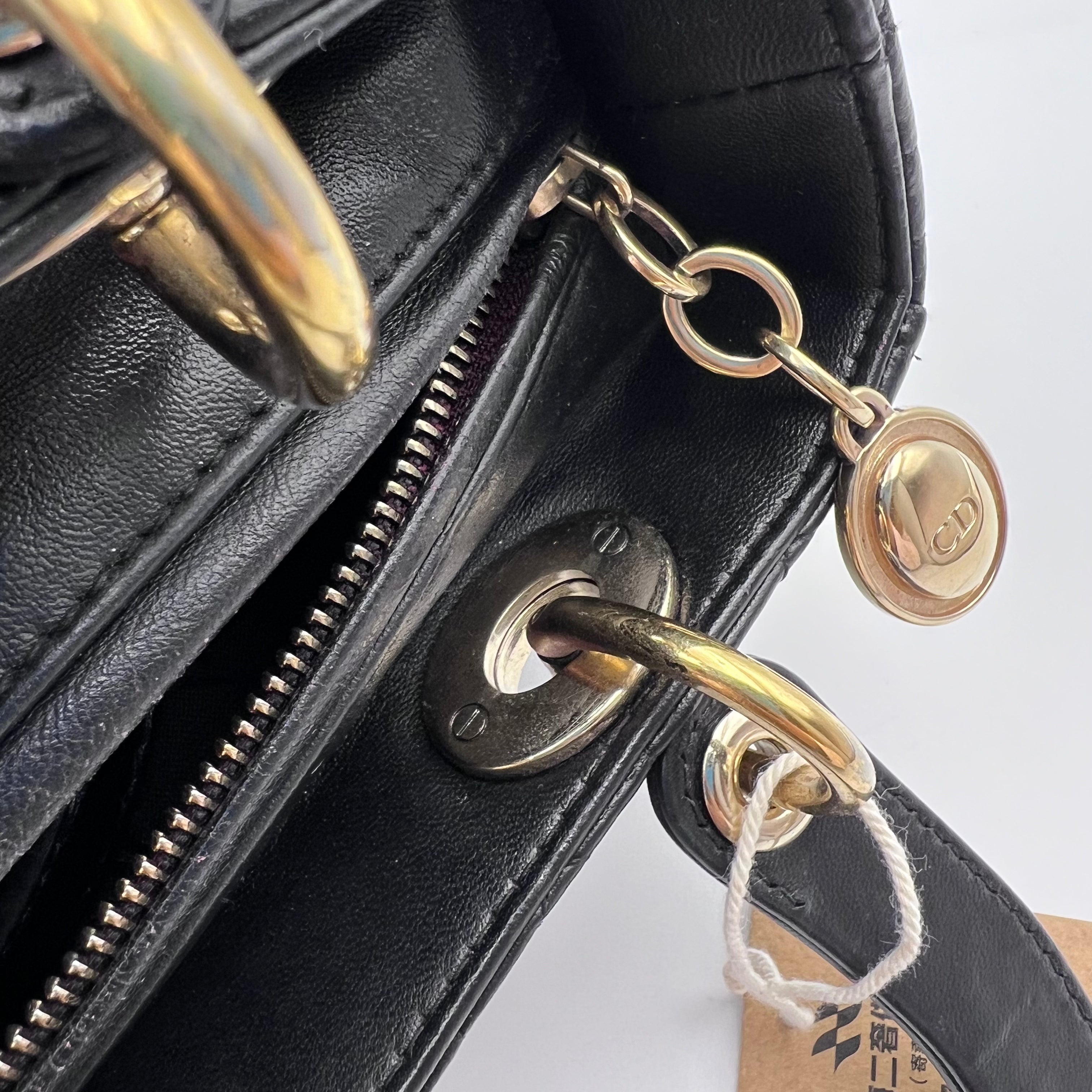 Dior Black & Gold Lamb Skin Medium Lady Dior Bag.