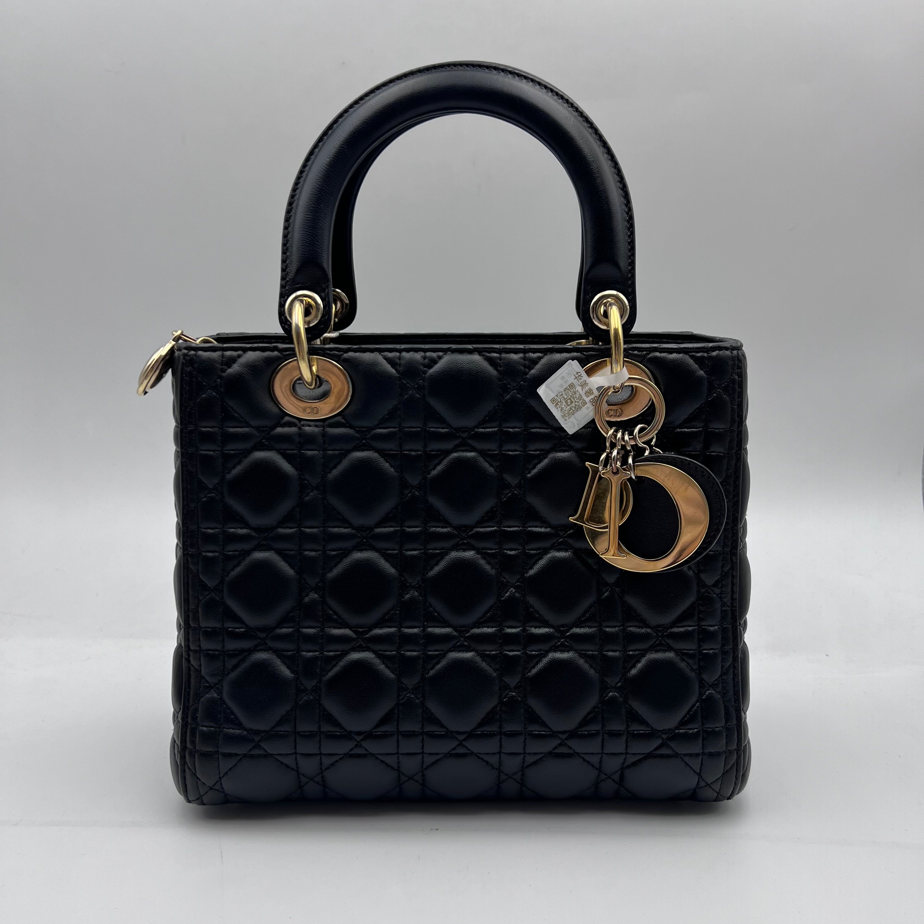Dior Black & Gold Lamb Skin Medium Lady Dior Bag.
