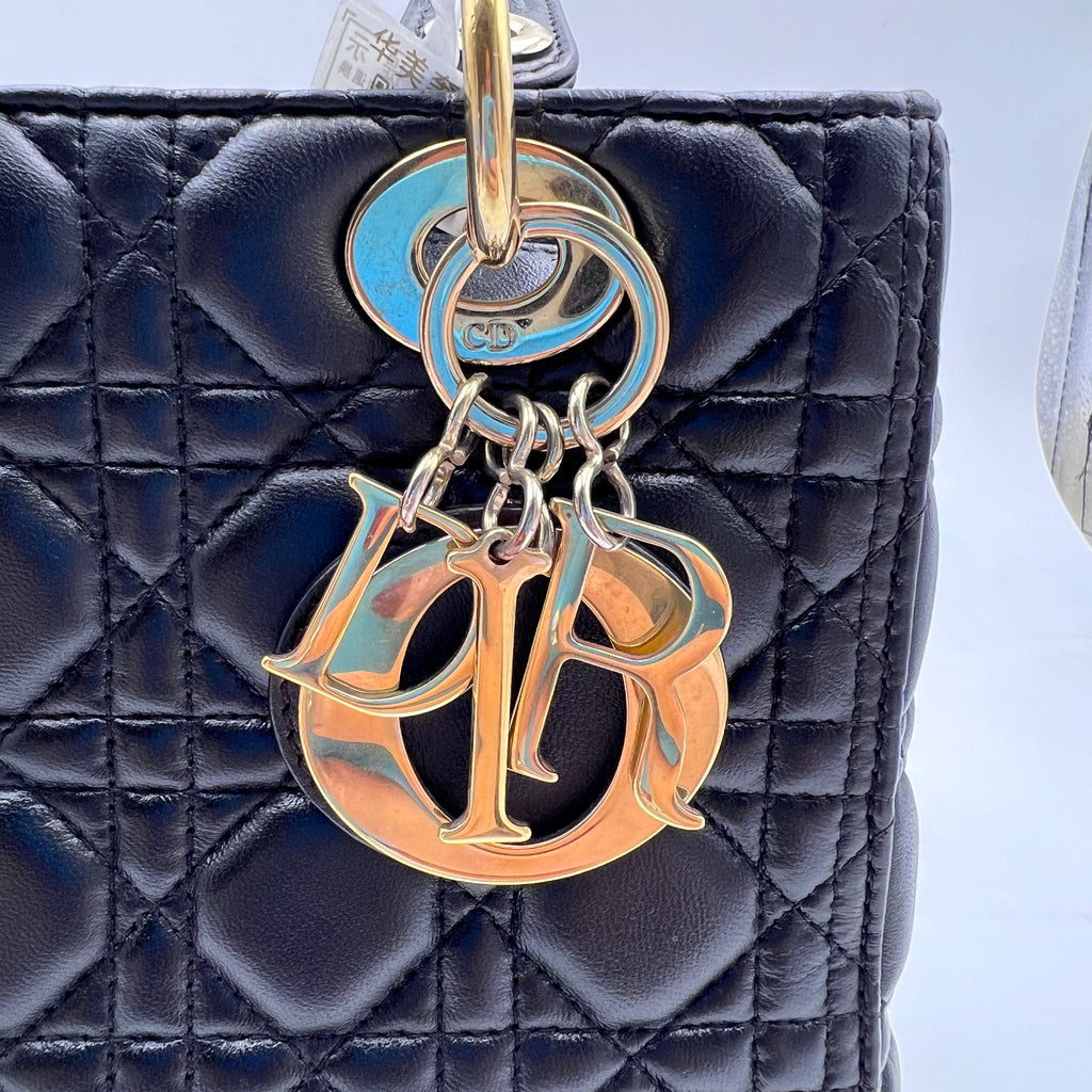 Dior Black & Gold Lamb Skin Medium Lady Dior Bag.