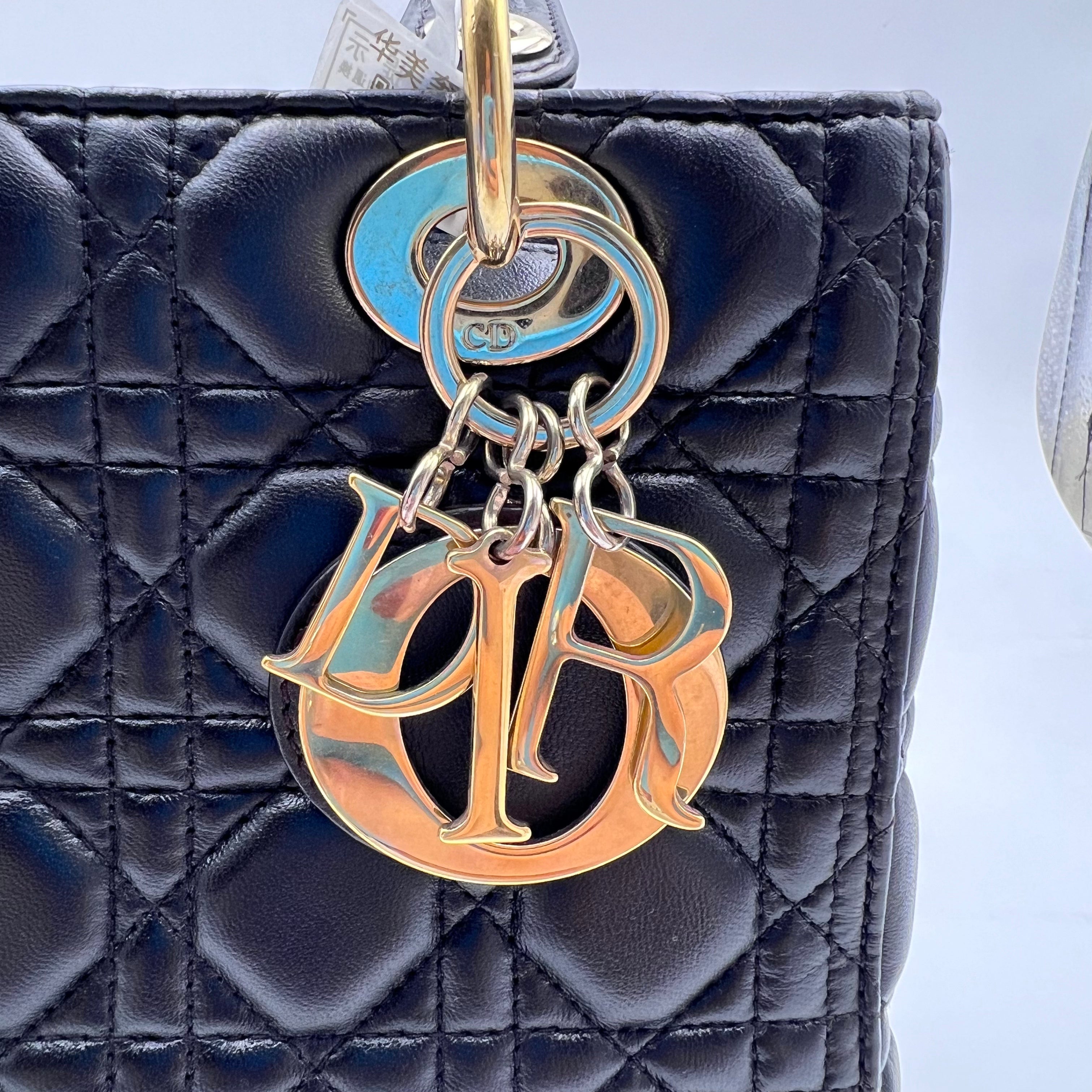 Dior Black & Gold Lamb Skin Medium Lady Dior Bag.