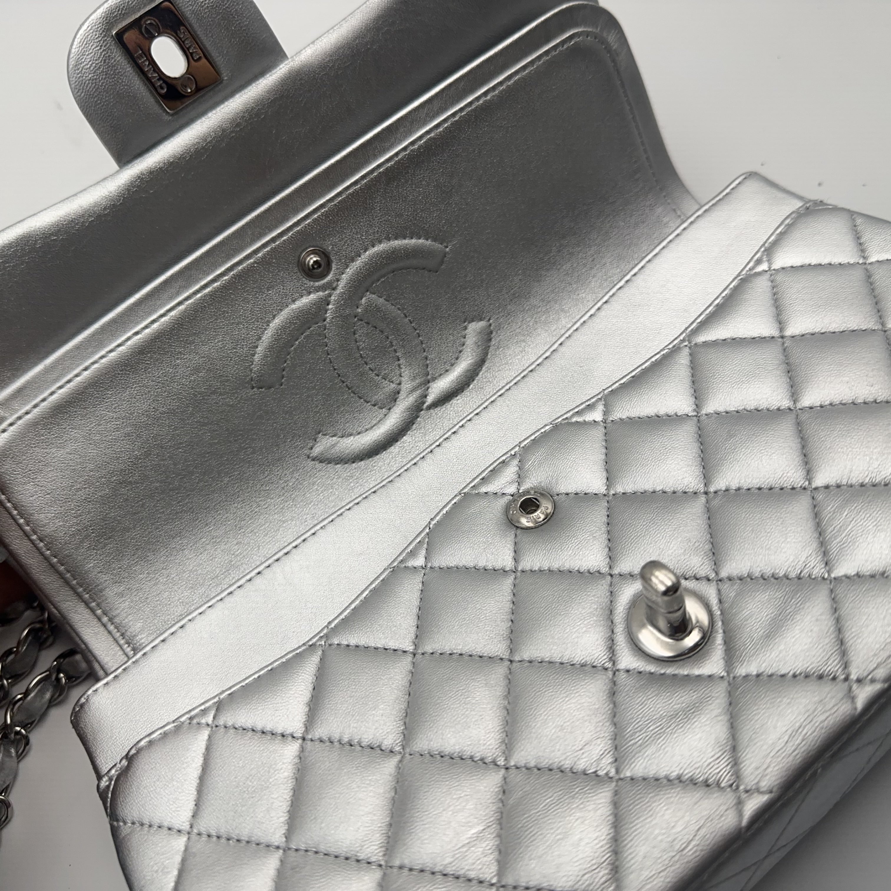 Chanel Silver Medium Double-Hinged CF Chain Bag